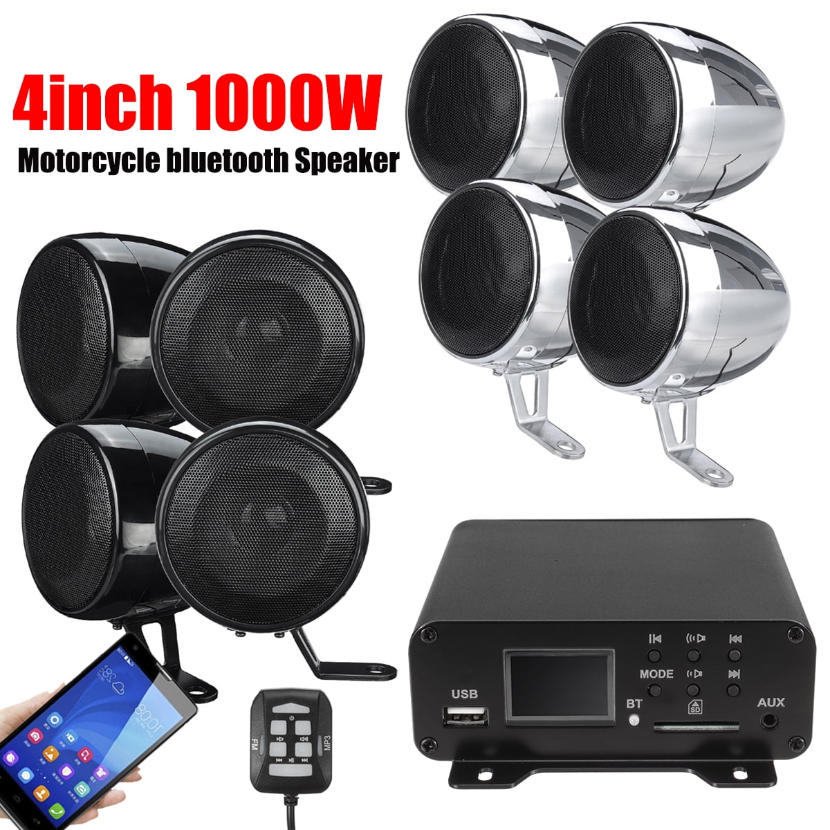 1000W Amp Motorcycle Waterproof Bluetooth Stereo 4-Speakers Audio MP3 System ATV 