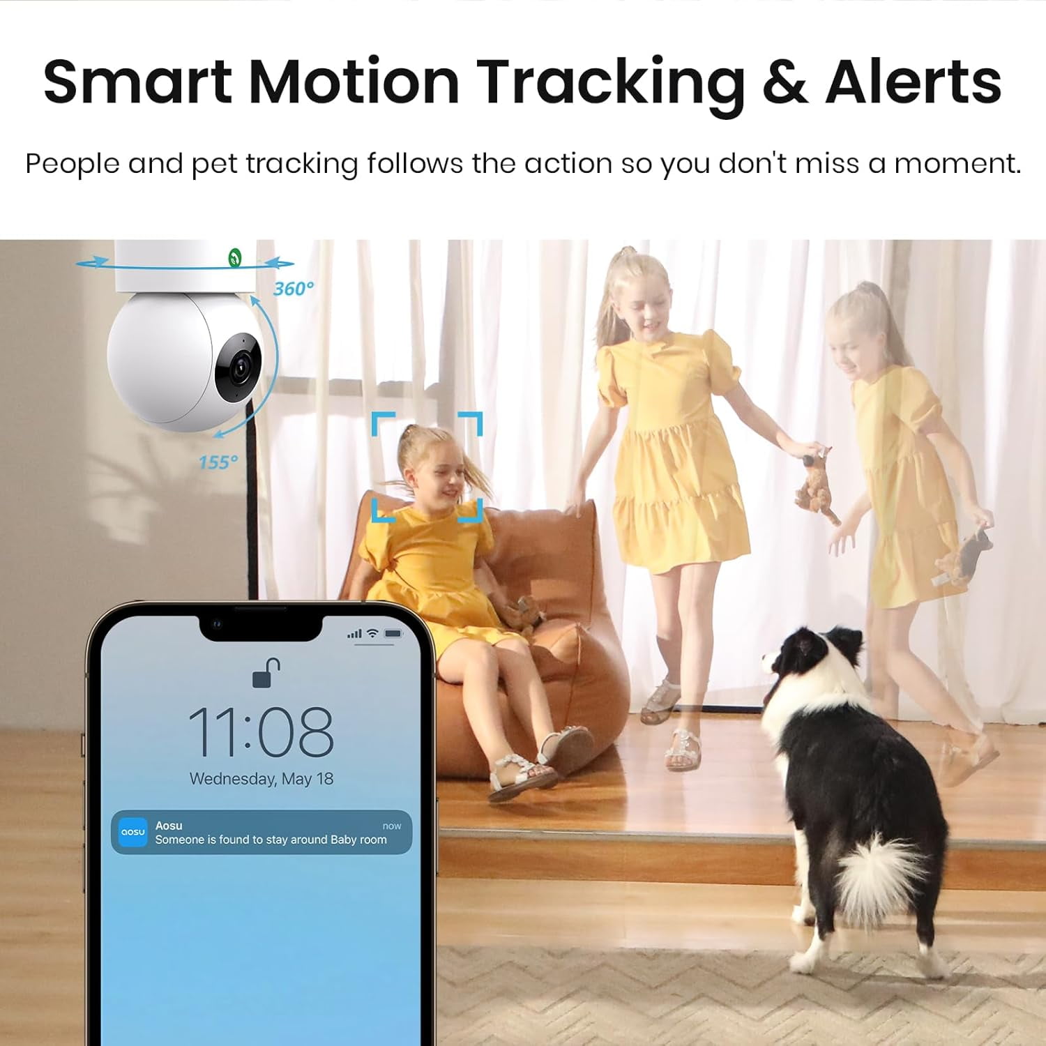 2 indoor security cameras, baby monitor pet camera 360-degree rotation, suitable for home security, with 2.4- router, one-touch call, intelligent motion tracking, infrared night vision, compatible