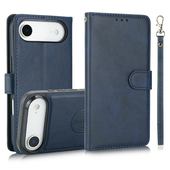 Detachable Wallet Case for iPhone 17 Air with Card Holder, PU Leather Wrist Hand Strap 2-in-1 Design Flip Cover Support Magnetic Car Mount Kickstand Protective Case for iPhone 17 Air, Blue
