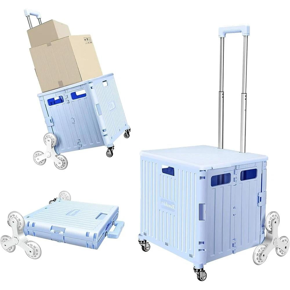 Folding Utility Cart, Portable Rolling Crate, Handcart Shopping Trolley with Lid, Stair-climbing Wheels, for Travel Shopping, Storage, Office, Blue