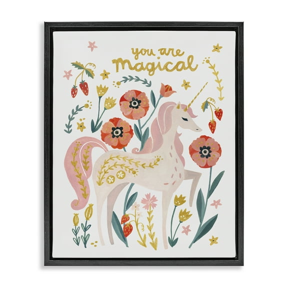 Stupell Industries Magical Pink Unicorn & Florals Fantasy & Sci-Fi Painting Black Floater Framed Canvas Art Print Wall Art, 17 x 21