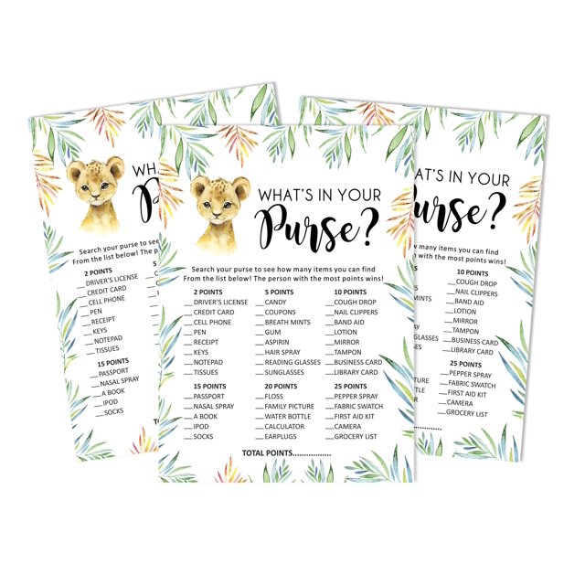 Inkdotpot 50 Sheets What'sIn Your PurseBaby Shower GameCards Baby Cheetah Jungle Animals Activity CardsPartyIdea Baby Shower Party Supply