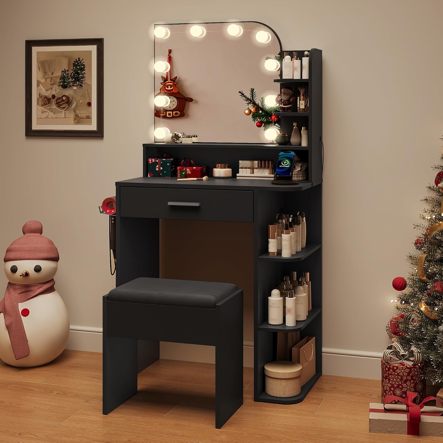 makeapile Makeup Vanity with Chair, Small Vanity Desk with Mirror , Lights 3 Colors and Power Outlet, Compact Vanity Table for Small Space, Black
