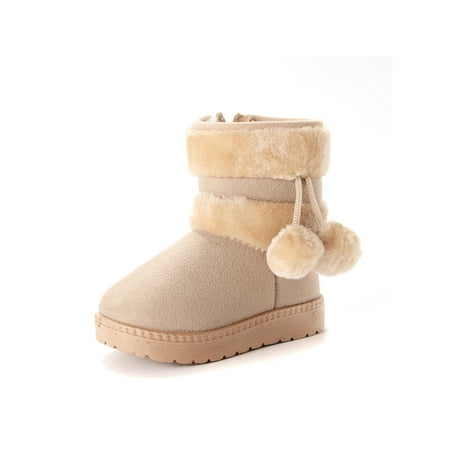 

Rockomi Girls Snow Boots Plush Lined Warm Shoes Mid Calf Winter Boot Toddler Girl Non-Slip Casual Pom Pom Faux Fur Beige 31 Yards