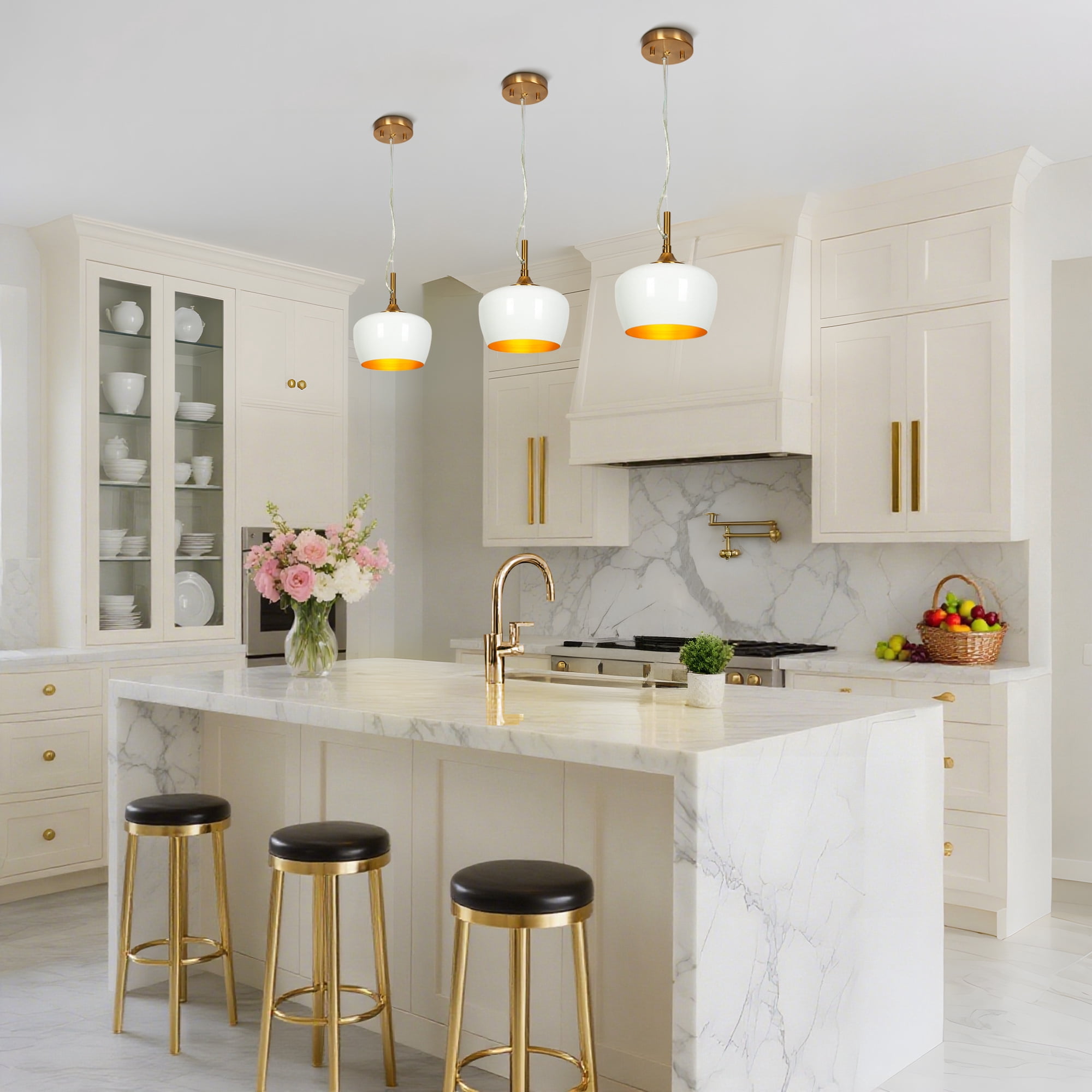 LNC Resplandor 1 -Light Matte White and Electroplated Copper Mid-century Metal Dome Mini Hanging Pendant Light