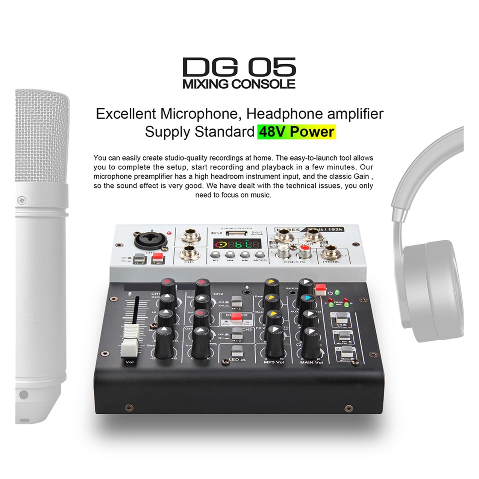 Interface Sound Card With Monitoring, Studio Quality 24bit 192k, 5.0 BT PC, Live Recording Of Electric Guitar, Singing ,Easy to Operate