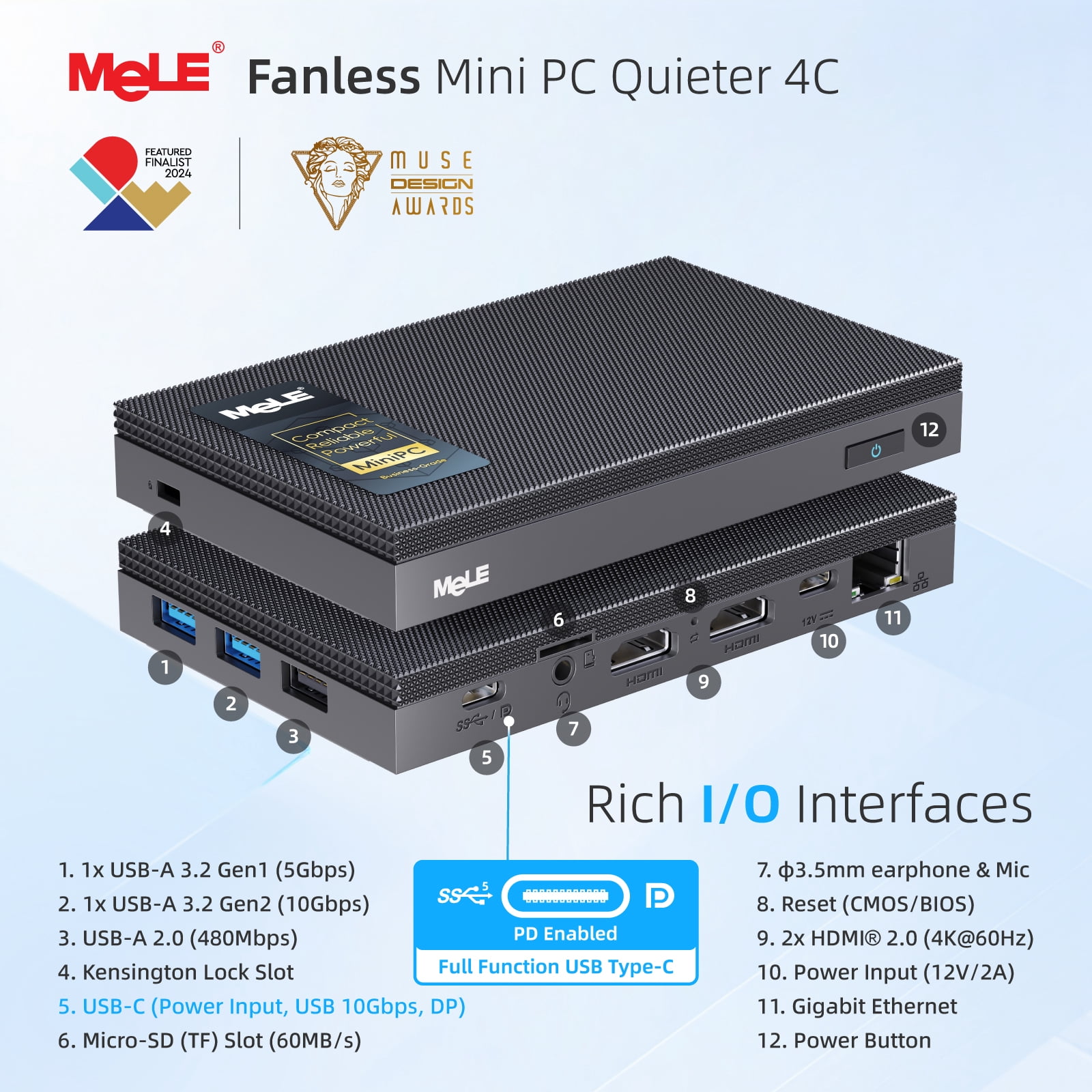 MeLE Intel N100 Compact Mini PC, Quieter4C, 16GB, 512GB, USB-C