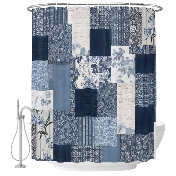 Navy Blue Checkered Shower Curtain Set - 72" x 78" Washable Bathtub Curtain with 12 Hooks, Vintage Floral Abstract Art Waterproof Fabric Stall Shower Curtains for Bathroom/Bathtub Décor