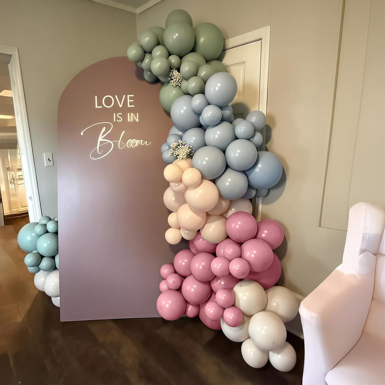 Pink Blue Green Balloons, Retro Blush Pink Sage Green Dusty Blue Ivory White Nude Latex Balloons  Pastel Rainbow Goose Party Balloon for Flower Fairy Baby in Bloom Shower Birthday Party Decoratio