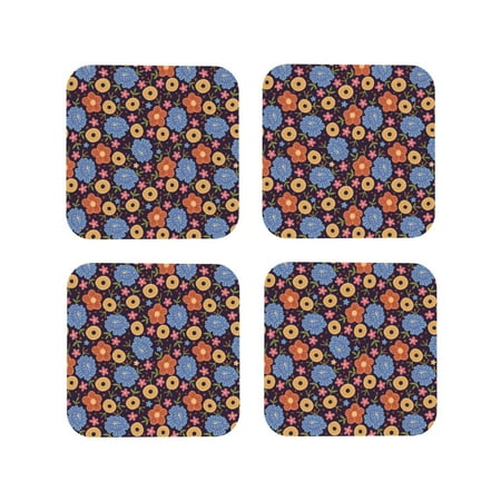 

Leather Coasters Set of 4 - hand drawn flowers_A Lightweight Non-Slip Drink Coasters for Desk Anti-Scalding Desk Cup Coasters for Office Table Decor Square