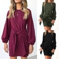 thumbnail image 3 of L Minivestido ajustado de manga larga con cuello redondo y farol para mujer, ropa de fiesta y discoteca de Color sólido con nudo en la cintura, otoño e invierno, 3 of 5