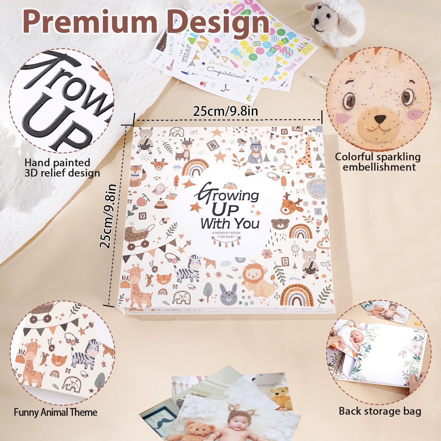 TJT Keepsake Baby Books for Newborn Baby Memory, First 5 Years Baby Memory Record Book Gift, 124 Pages Baby Album, Animal Family, Brown