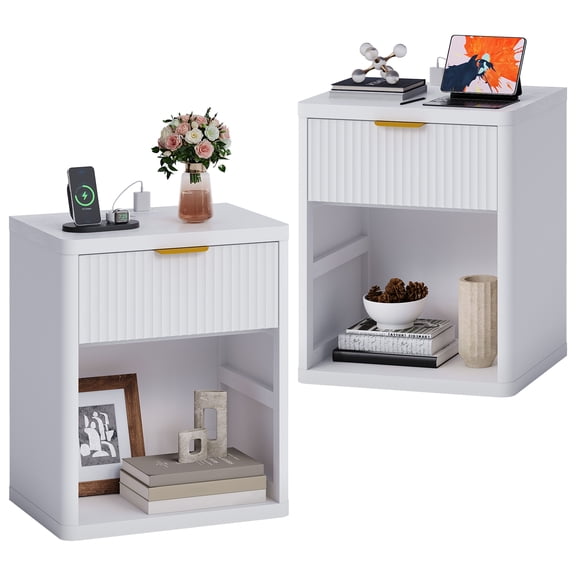 Set of 2 Fluted Bedside Tables with Charging Station – Modern End Tables with 1 Drawer, Open Storage Cabinet, Metal Handles & Rounded Safety Corners – Perfect for Bedroom or Living Room, White