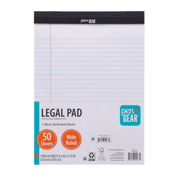 Pen + Gear Legal Pad, 8.5" x 11.75", 50 Sheets, Wide Ruled, White