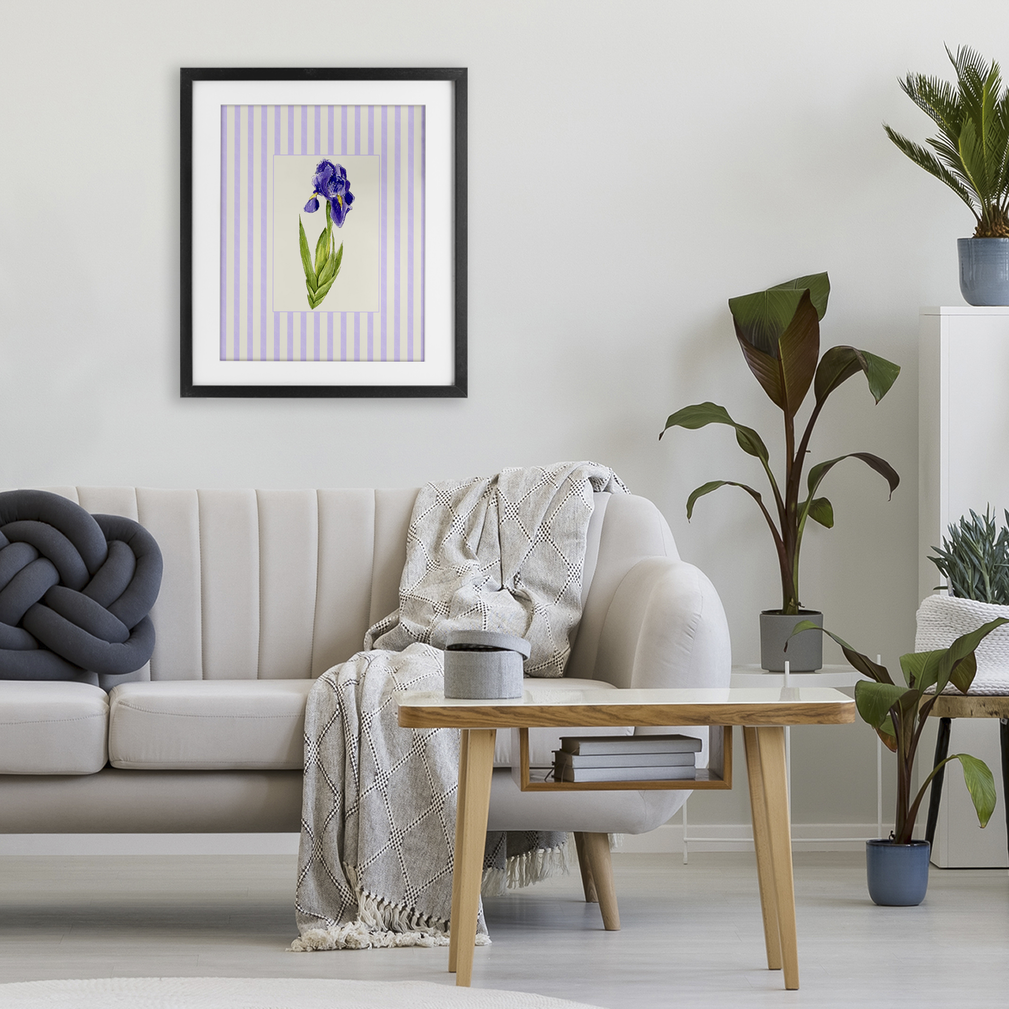 Purple Stripe Iris Black Framed Print Under Glass, design by Lisa Wehmeyer