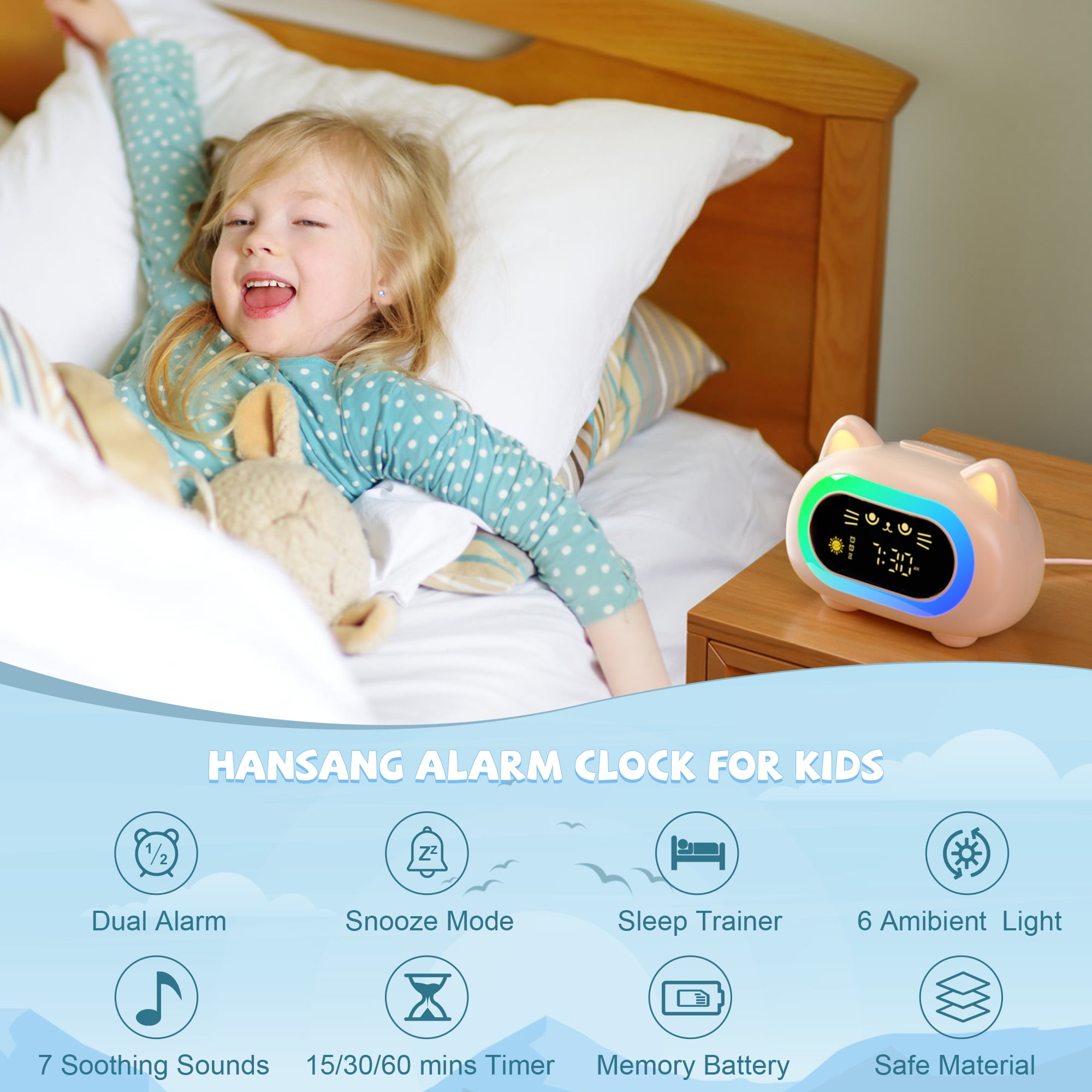 Hansang Alarm Clock for Kids with Sleep Training 3 levels of brightness and 10 night light modes, Ok to Wake Clock with snooze mode and white noise for Boys and Girls