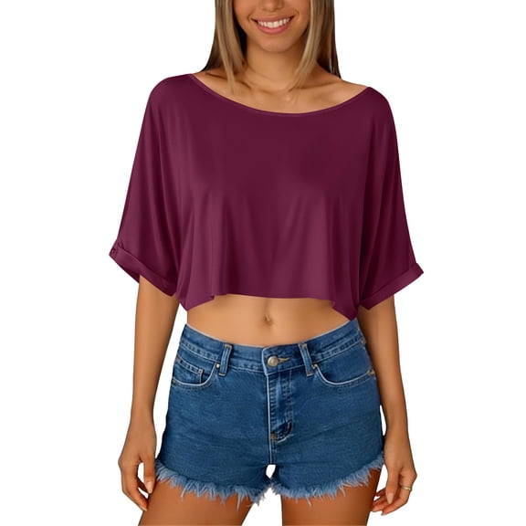 Craaazy Women Casual Short Sleeve Crop Tops, Solid Color Batwing Sleeve Tops, Loose Fit Comfy Blouse for Daily Wear Gifts