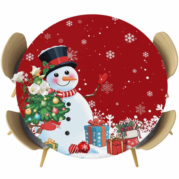 Red Snowman Christmas Round Tablecloth, Fitted Table Cover with Elastic for 36"-44" Round Tables, Xmas Tree Gifts Snowflake Winter Table Cloth Outdoor Indoor Dinning Party Waterproof Tablecloths