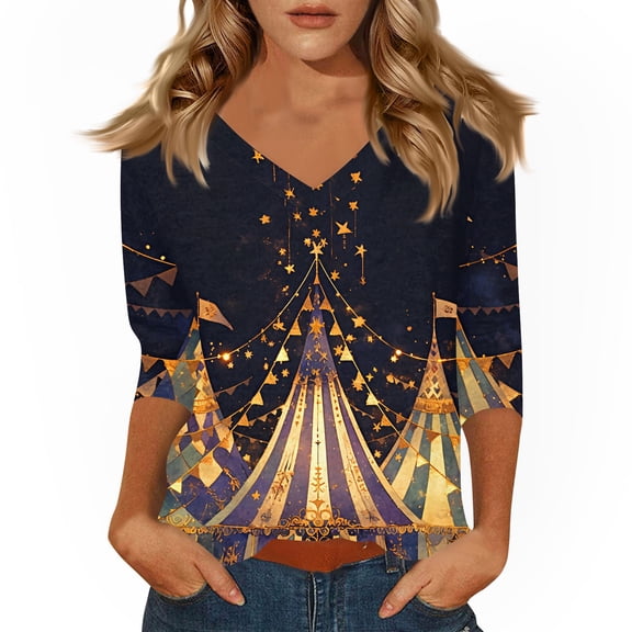Dresfit Mardi Gras Shirts for Women 3/4 Sleeve V Neck Party Blouse 2026 Button Graphic Holiday Tunic Top Carnival Mask Printed Parade T-Shirt Gold 3XL