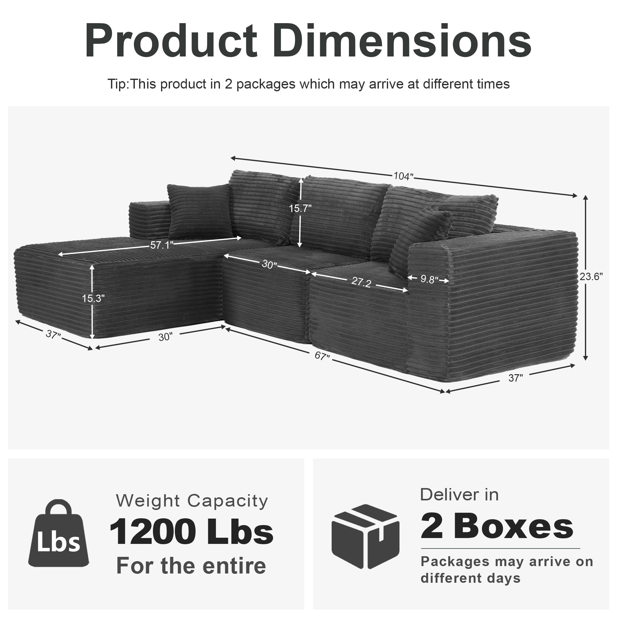 MAYEERTY Modern Corduroy Modular Sectional Sofa - Boneless Couch for Apartments & Studios, 104"W x 67"D Gray