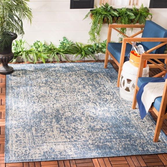 SAFAVIEH Courtyard Kiro Traditional Indoor/Outdoor Area Rug, 5'3" x 7'7", Navy/Grey