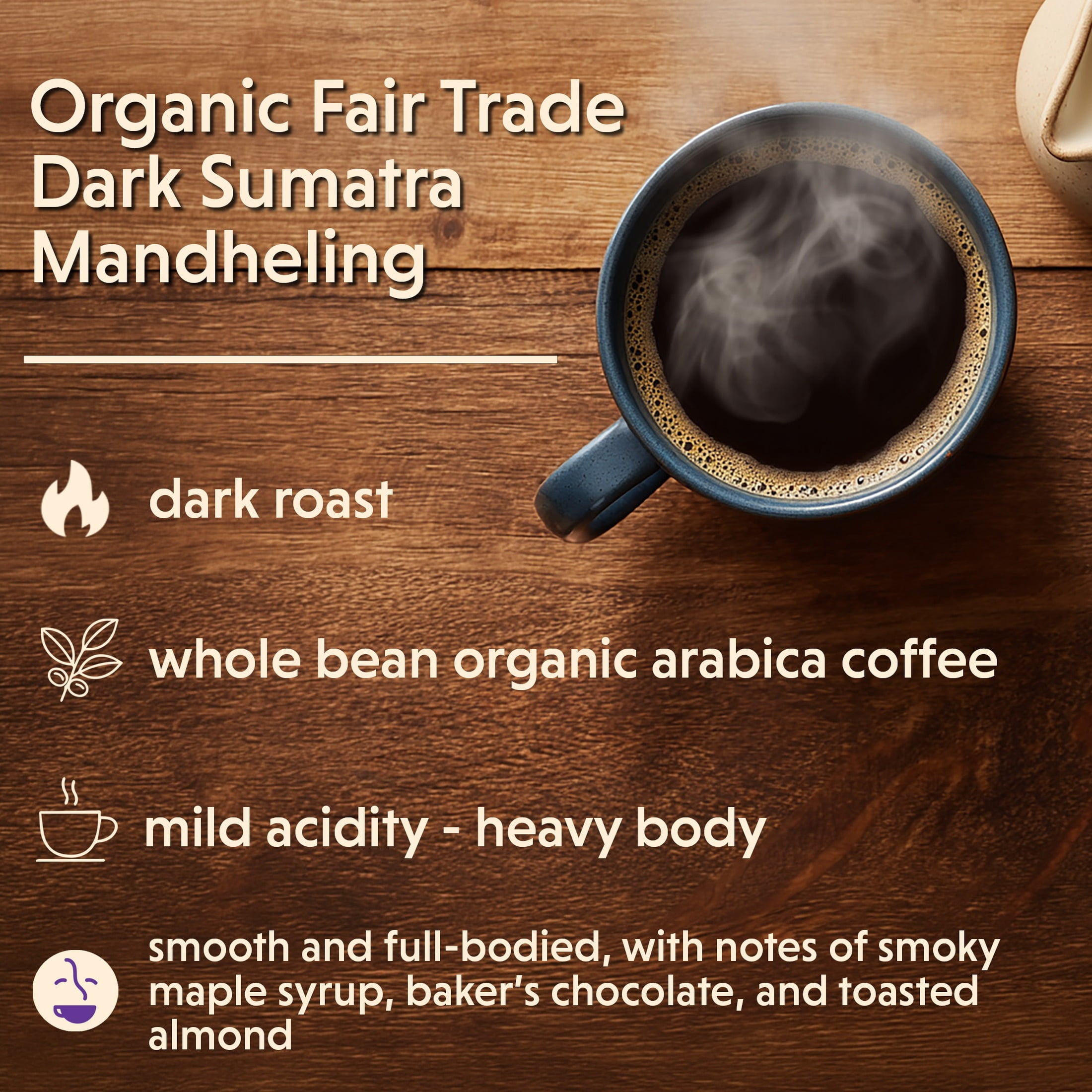 Coffee Bean Direct Organic Fair Trade Dark Sumatra Mandheling, Whole Bean Coffee, Arabica, Dark Roast, 5 lb Bag