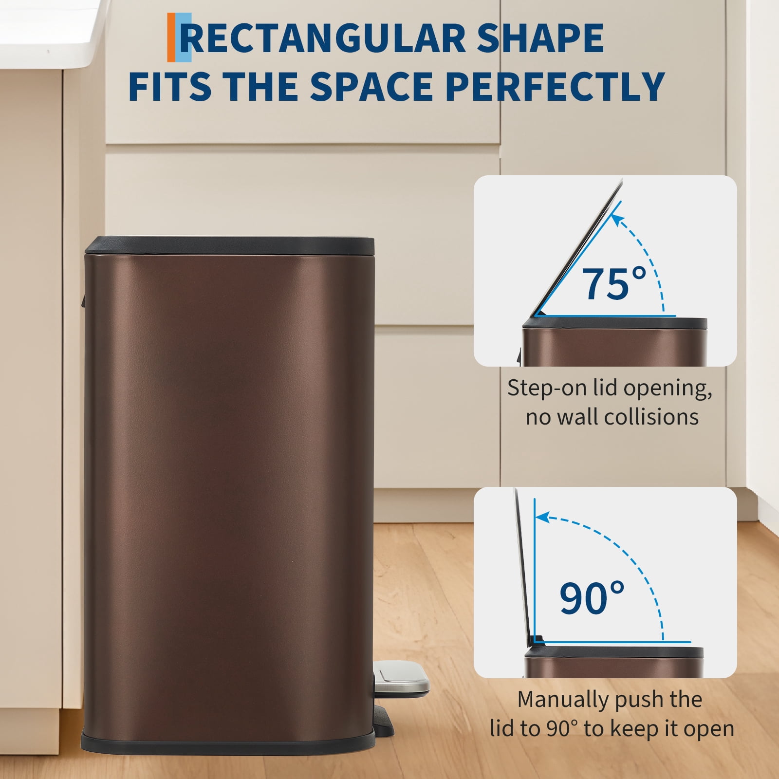 M optimized 20L Trash Can with Lid, 5.3 Gallon Stainless Steel Garbage Bin for Kitchen, Rectangular Trash Can with Step-On Pedal and Inner Bucket for Home Office Bathroom Living Room