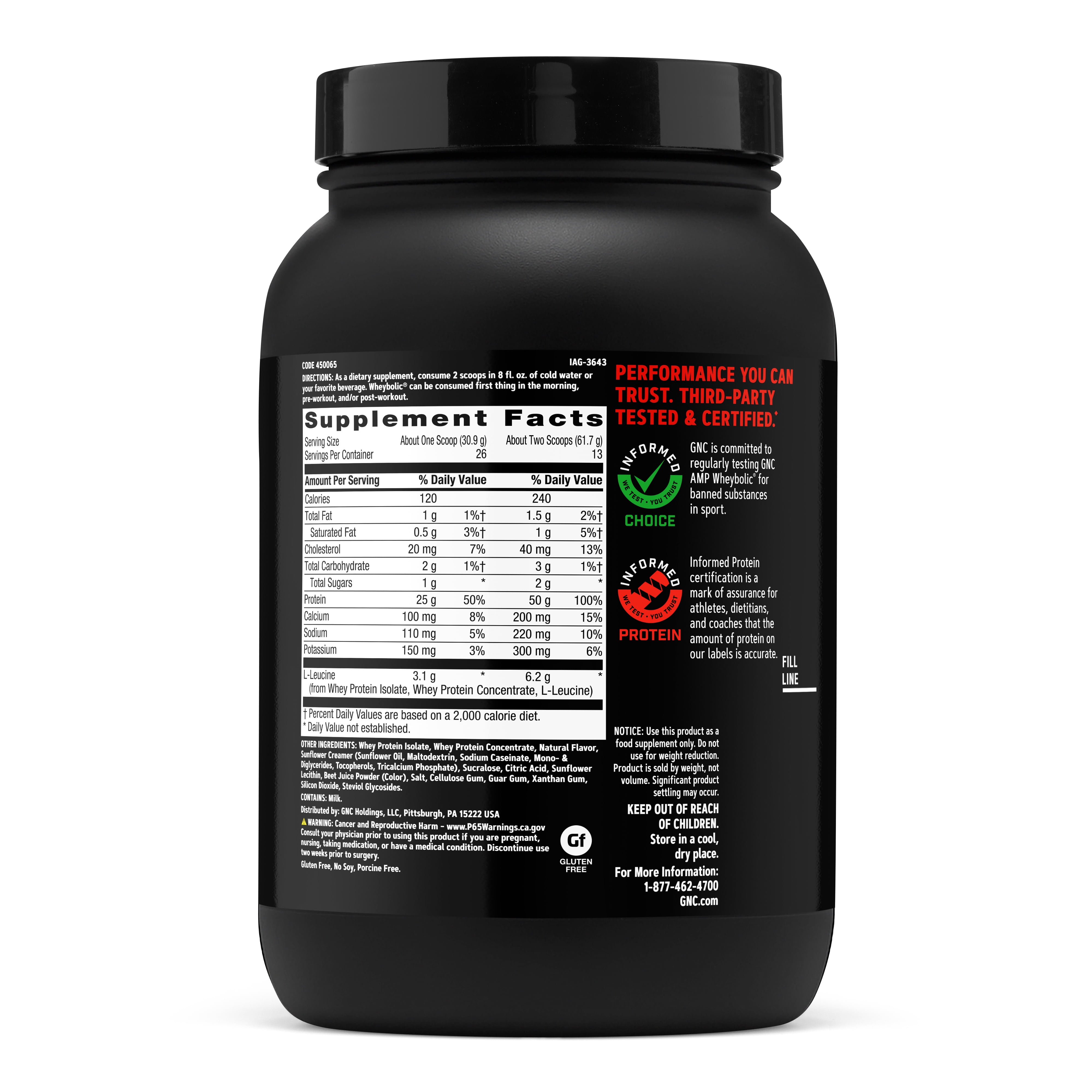 GNC AMP Wheybolic Clinically Proven Protein Powder, 50g Whey Protein, BCAA, Leucine, Increases Muscle Strength, Muscle Building, 3rd Party Tested, Gluten Free, Strawberries & Cream, 13 Servings