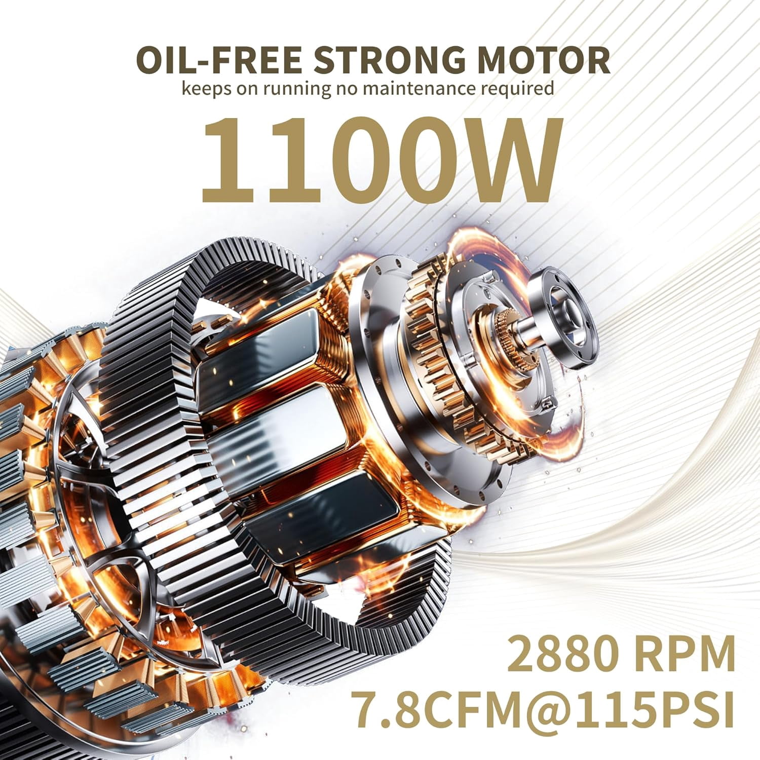 6.4 Gallon Oil-Free Air Compressor, 1.5HP 110V Ultra Quiet 70dB Steel Tank with Wheels for Workshop Use