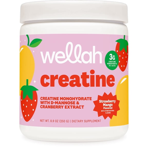 Wellah Creatine for Women (50 Servings) Strawberry Mango - 3g of Creatine Monohydrate Powder with D-Mannose & Cranberry Extract