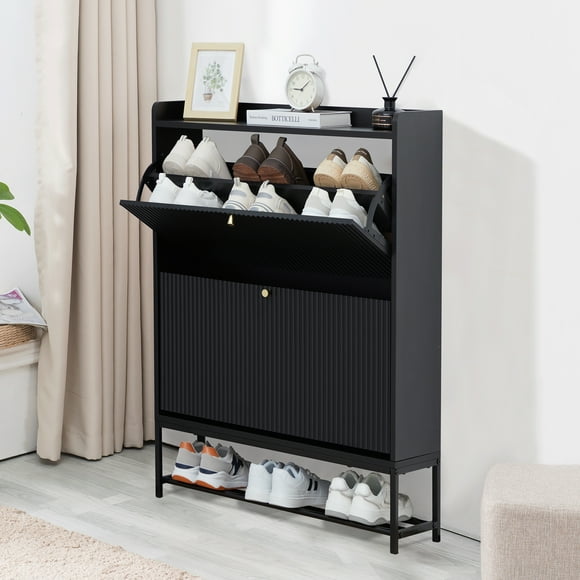 Wirrytor Shoe Storage Cabinet avec 2 Tiroirs Basculants, Commode à Chaussures en Bois Basculante, Armoire de Rangement à Chaussures Autoportante pour Entrée (Noir)