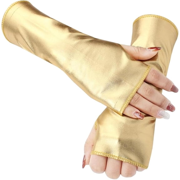 Stretchy Gold PU Leather Half Palm Arm Sleeves Shiny Metallic Fingerless Gloves Short Rock Stage Gloves Gothic Punk Dress Up Arm Warmer