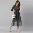 thumbnail image 3 of Janasya V-Neck 3/4 Sleeve Striped Black Cotton Western Dress With Pocket For Women,Summer Dress/Summer Wear, 3 of 7