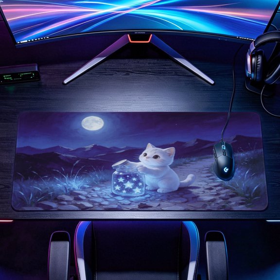 Extra Large dreamy white kitten stars in jar night landscape Mouse Pad,Non Slip Rubber Pad,Desktop Decoration Drotection Pad,Washable,Lock Edge Multi Size,Premium Multipurpose Mousepad