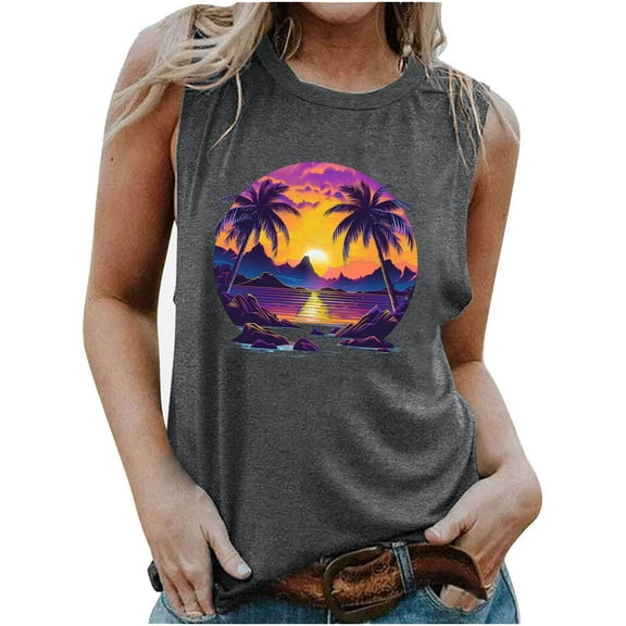 TDYHUAO Beach Tank Tops for Women Summer Sunset Graphic Sleeveless Tee Vest Vintage Palm Tree Tees Hawaiian Vacation Shirts