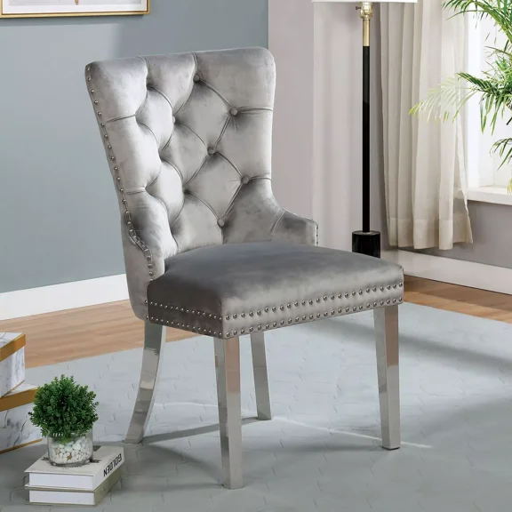 Wingback Chairs Gray Flannelette Fabric Contemporary Style Tufted 2pc Side Chairs Metal Ring Handle