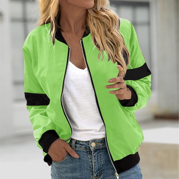 Hvyesh Bomber Jacket for Women Causal Color Block Patchwork Zip Up Coats Long Sleeve Fall Jackets Lightweight Sport Coat with Pockets Green