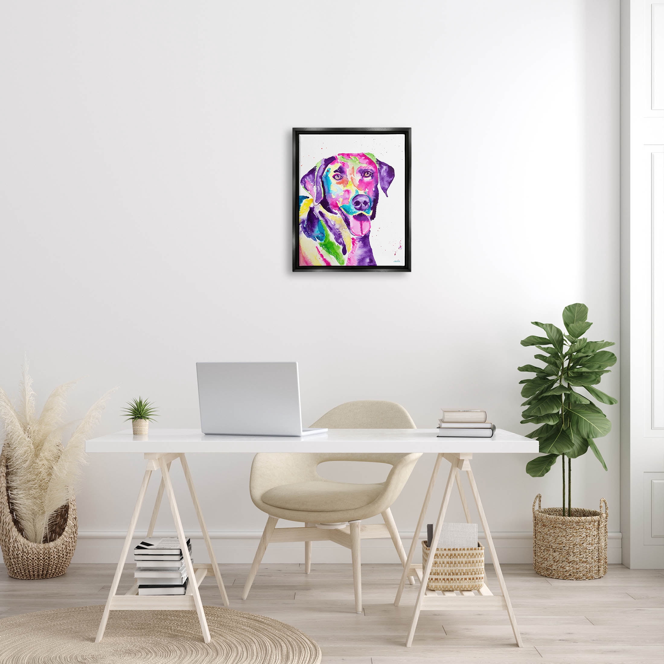 Purple Lab Dog Happy Retriever Animals & Insects Graphic Art Jet Black Framed Art Print Wall Art