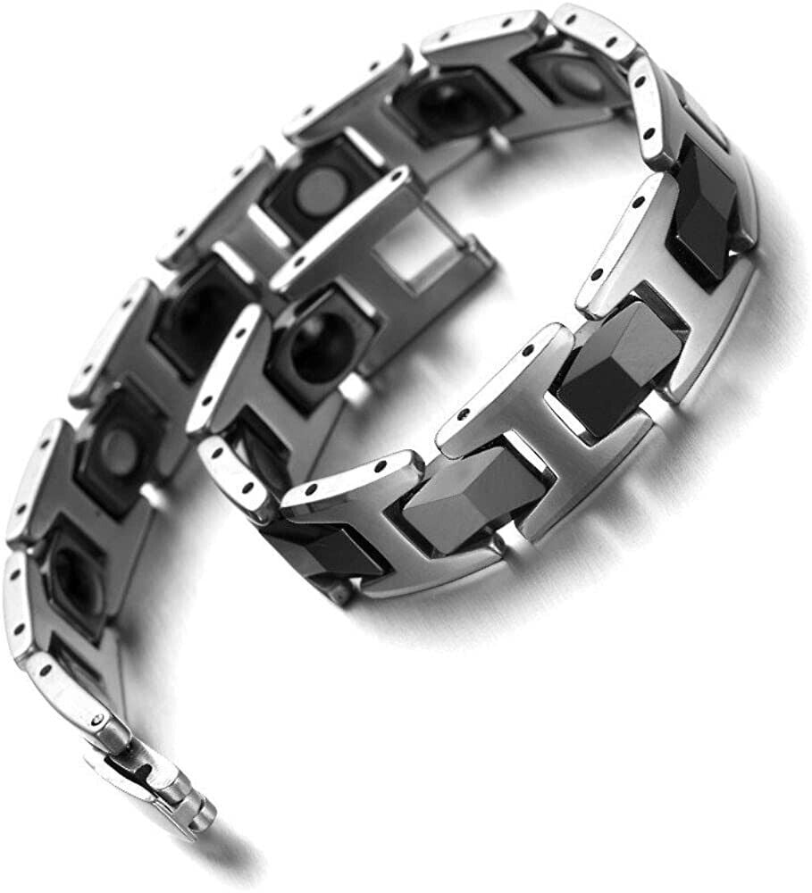 8.0" Mens Silver & Black Two-Tone Faceted Magnetic Tungsten Bracelet + Fancy Box