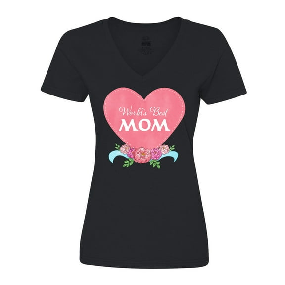 Inktastic World's Best Mom in Pink Heart with Flowers Women's V-Neck T-Shirt