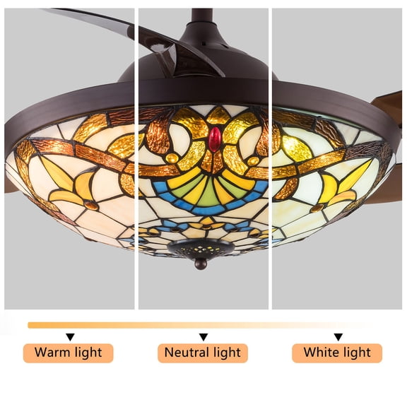 42" Tiffany Retractable Ceiling Fan Light LED Dimmable Chandelier W/ Remote 56W