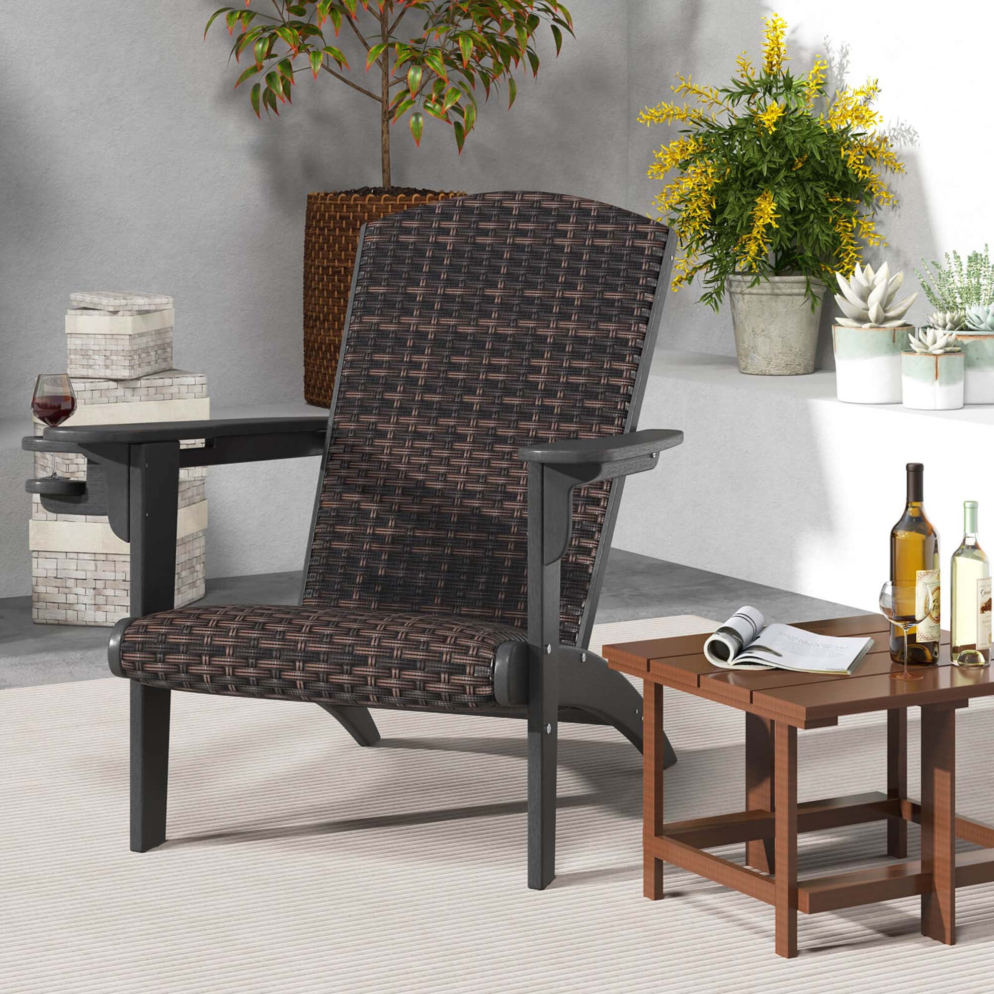 Costway Patio Adirondack Chair with Rattan Padded Seat Wide Armrests & Hidden Cupholder Black