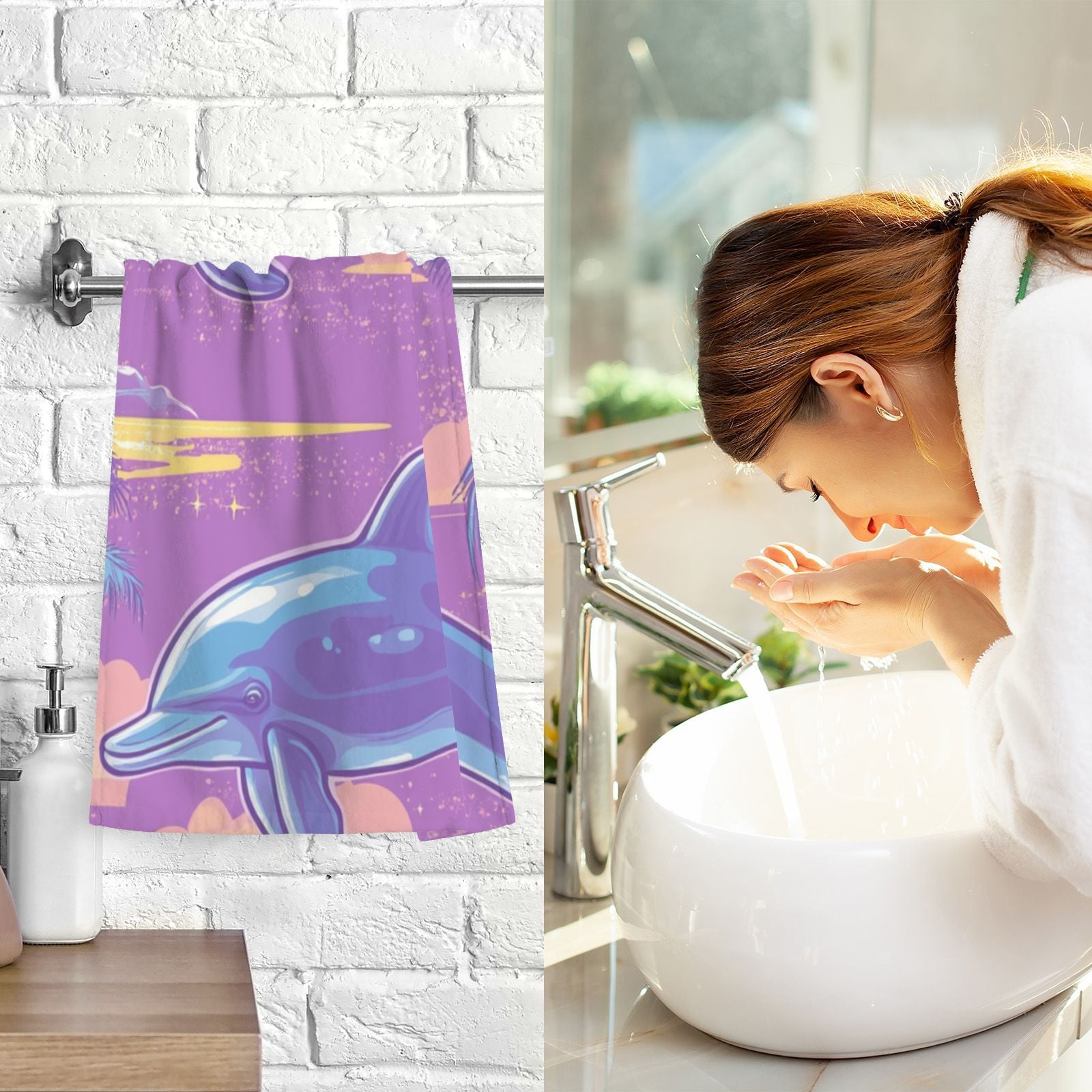 Retro Dolphins Trees Hand Towels Cotton Bath Towels Large Face Towels Absorbent for Bathroom 2 Packs