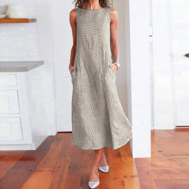 JUNWELL Robe Décontractée Sans Manches à Rayures pour Femmes Col Rond en Lin avec Poches Robe Longue Petite Printemps Maxi Robes pour Femmes Manches Courtes Robe Midi Robe de Sport pour Femmes Robes Décontractées d'Automne