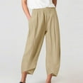 thumbnail image 2 of Linen Pants Women Summer Full Lenght Fashion Ruched Lightweight Womens Pants Loose Fit Solid Color Casual Trousers for Women High Waisted(Khaki L), 2 of 5