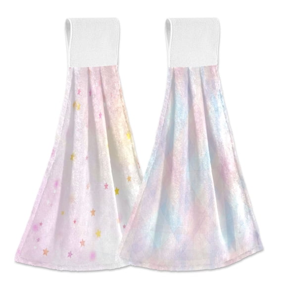 IAUYY Kitchen Hanging Towels Set of 2 100% Polyester Absorbent, Super Soft Hand Towels with Hanging Loops for Bathroom Kitchen Dreamy Stars Dreamy Pastel Colors