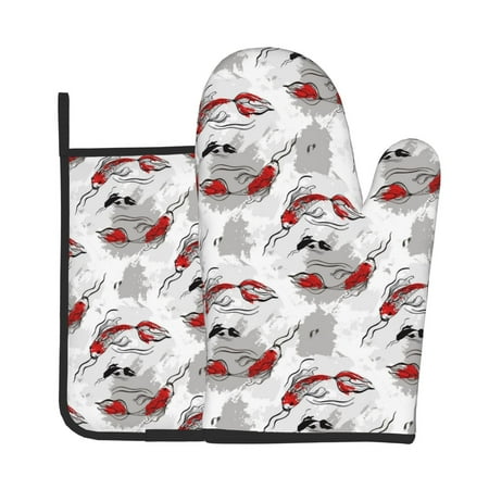 

Tebeau Koi Fish Print Oven Mitts and Pan Racks 2-Piece Set Kitchen Oven Mitts and Pan Racks Heat Resistant 500 °F for Baking and Cooking