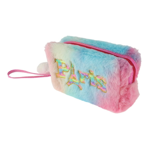 1 Pc Women Sequin Pris Makeup Bag for Travel Vacation Camping Pink Blue Yellow Plush