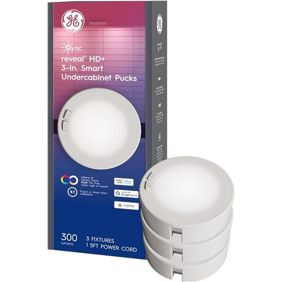 GE Cync Révèle HD+ Luminaires Intelligents pour Galette sous Armoire, Lumières de Galette sous Cabine à Changement de Couleur, Lumières de Cuisine Intelligentes Wi‐Fi, Fonctionne