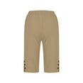 thumbnail image 4 of Bloomae Linen Shorts for Women Casual Summer Straight Leg Knee Length Cotton Lounge Short Pants Lightweight Elastic High Waist Side Slit Buttons Bermuda Shorts with Pockets Khaki S, 4 of 6